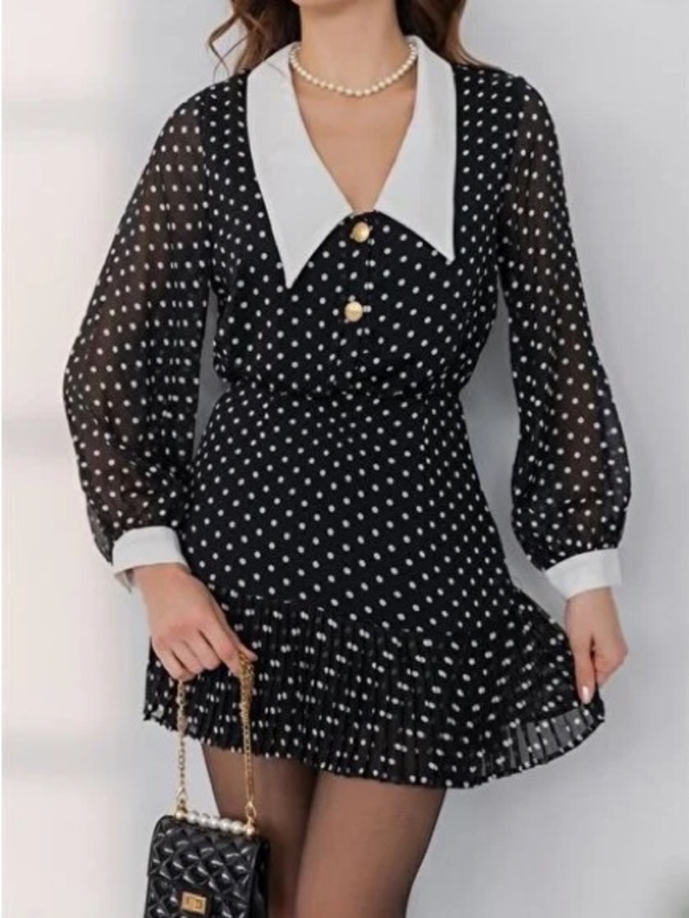 Zara Polka Dot Collared Long-Sleeve Mini Dress - Black/White